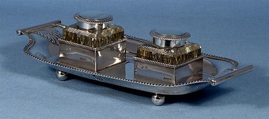 A late Victorian silver inkstand, by Martin, Hall & Co, length 262mm, weight 12.4oz/388grms.